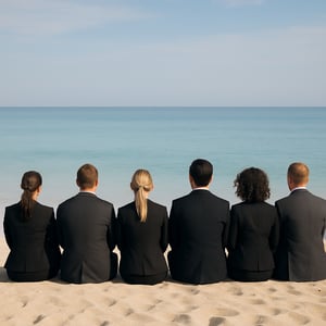 A group of welldressed executives sitting on the beach watching a calm sea  they must be both male and female