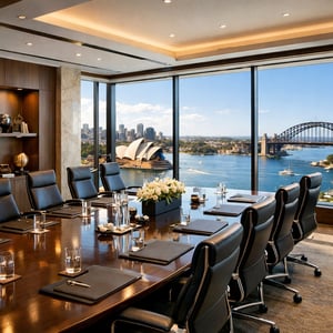 An elite boardroom setting showing the sydney harbour in the background  good light and an aspirational image-1