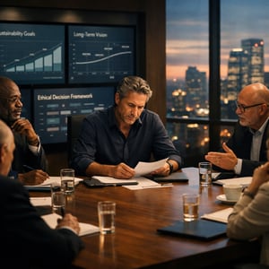 Strategic Leadership Discussion in Modern Boardroom at Dusk-1