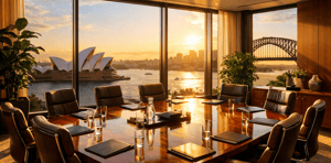 photographic Imagine a stunning boardroom in Sydney bathed in golden sunlight streaming through floortoceiling windows that offer a breathtaking view-1