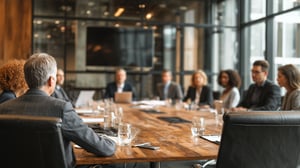 A diverse group of board directors seated around a long timber table in a contemporary boardroom, engaged in attentive discussion, viewed from behind the chair at the head of the table.