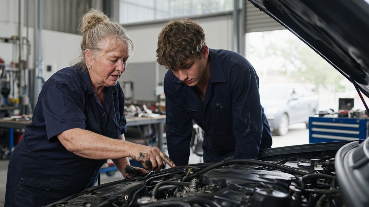 In a bright workshop, an experienced mechanic in navy overalls points into an open car engine while a young apprentice leans in beside her to look.