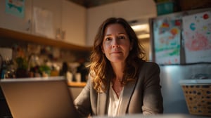 A woman in her early forties wearing a dark blazer works at a laptop in her kitchen, composed and looking toward the camera, with children's drawings on the fridge behind her and a laundry basket in the foreground.