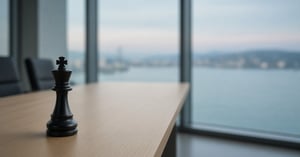 An empty boardroom with a long pale timber table beside floor-to-ceiling windows over still harbour water and distant hills. A black wooden chess king stands in sharp focus at the near end of the table. Calm and quiet.