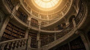 A grand historic library seen from below, its spiral of timber balconies lined with books rising towards a domed skylight full of warm light, with small groups of people talking on each level