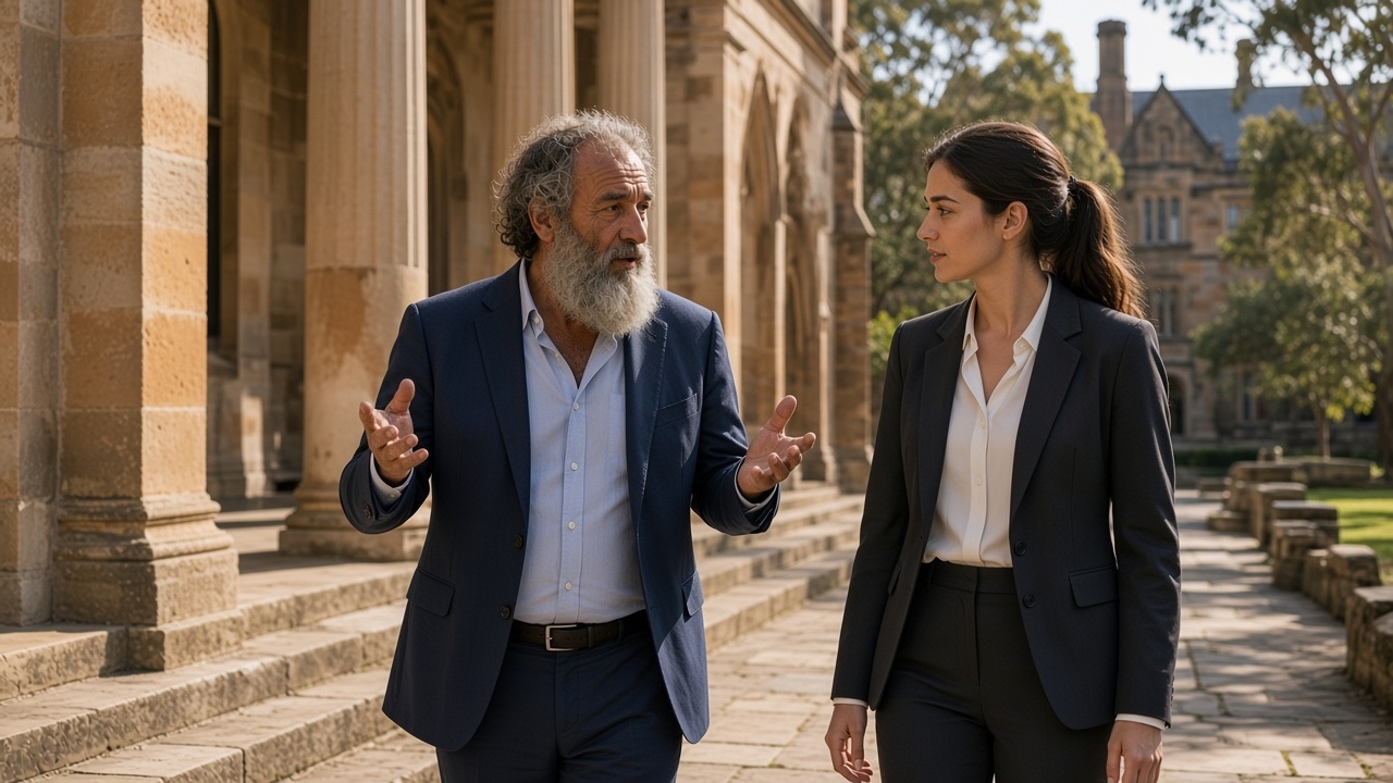 Two colleagues in dark suits walk and talk along a sandstone colonnade on a sunlit university campus, a grey bearded man gesturing as he speaks and a woman with her hair tied back listening closely.