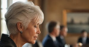 Side profile of a senior woman director with short silver hair and a dark stud earring. Her eyes are lowered and she has a faint smile. Behind her, out of focus, colleagues sit along a polished table in warm afternoon light.