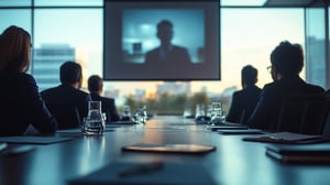 board directors seated in soft silhouette at a long oak boardroom table, watching a paused documentary frame on a large wall-mounted screen that casts a warm glow across the room.