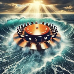 DALL·E-2024-08-18-10.47.38-A-striking-image-of-a-serene-and-peaceful-boardroom-table-floating-atop-a-turbulent-sea.-The-table-is-large-and-made-of-polished-wood-symbolizing-sta