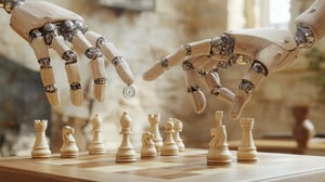 Two robotic hands suspended above a pale oak chess board in warm light, with chess pieces floating between them, symbolising the moment of board decision-making on artificial intelligence governance.clock